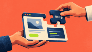 Colorful illustration of two hands assembling a website interface with a Next.js puzzle piece, representing the selection of a development partner.