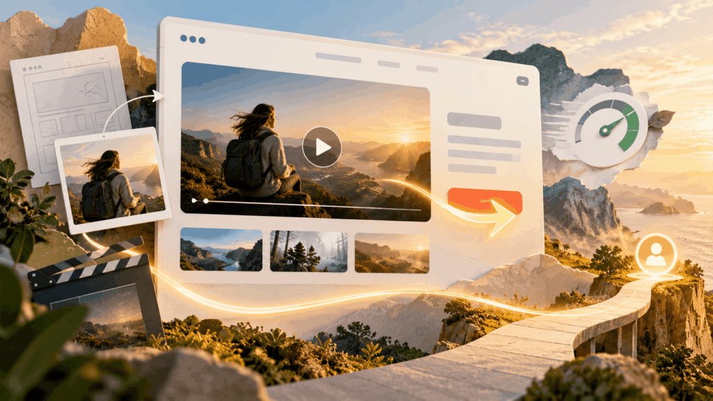 Illustrated website mockup featuring a cinematic video player, production storyboard, orange call to action button and website performance gauge.