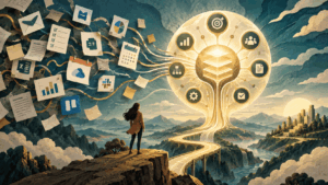Scattered business apps and documents connect to a glowing hub while a person watches from a rocky ledge.