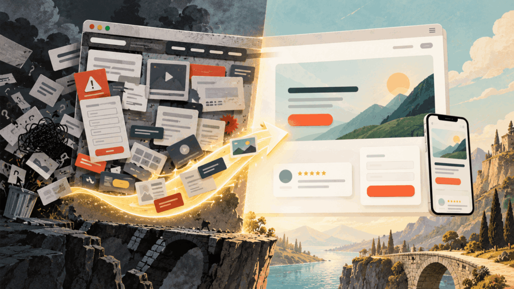 Cluttered landing page beside a clean desktop and mobile design, with a glowing arrow showing the transformation.
