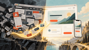 Cluttered landing page beside a clean desktop and mobile design, with a glowing arrow showing the transformation.