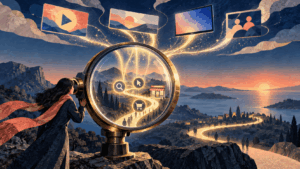 Illustration of a marketer looking through a giant lens at a glowing customer journey shaped by video, display, and social media touchpoints.