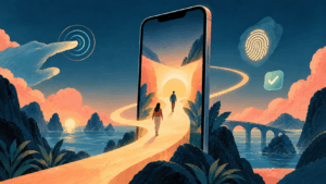 Illustration of a smartphone as a glowing portal, with users walking into a guided mobile journey shaped by touch, biometrics, and retention cues.