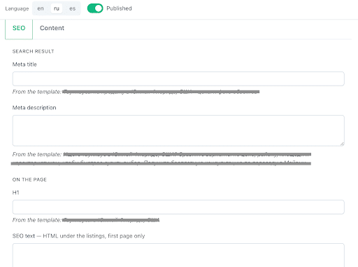 Screenshot of a CMS SEO configuration interface showing language tabs and form fields for editing meta title, meta description, H1 header, and on-page SEO text.