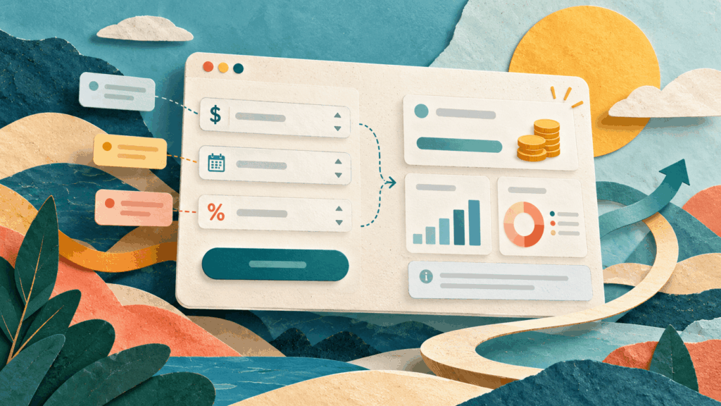 Paper cut style illustration of an online calculator interface with clear input fields, results cards, charts and flowing paths between inputs and outputs.