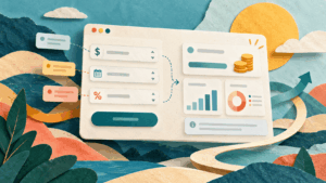 Paper cut style illustration of an online calculator interface with clear input fields, results cards, charts and flowing paths between inputs and outputs.