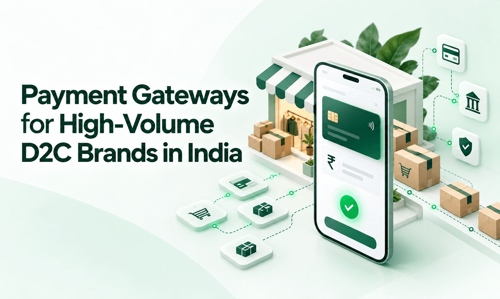 Banner graphic showing a smartphone and storefront for an article on Payment Gateways for High-Volume D2C Brands in India.
