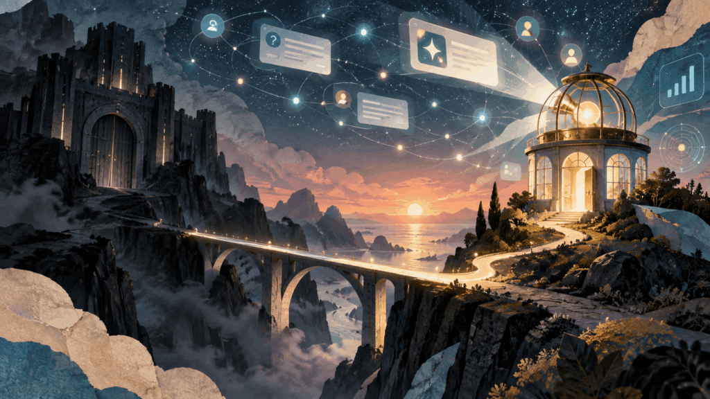 Illustrated bridge linking a dark fortress to a glowing observatory beneath connected AI chat cards and analytics symbols.
