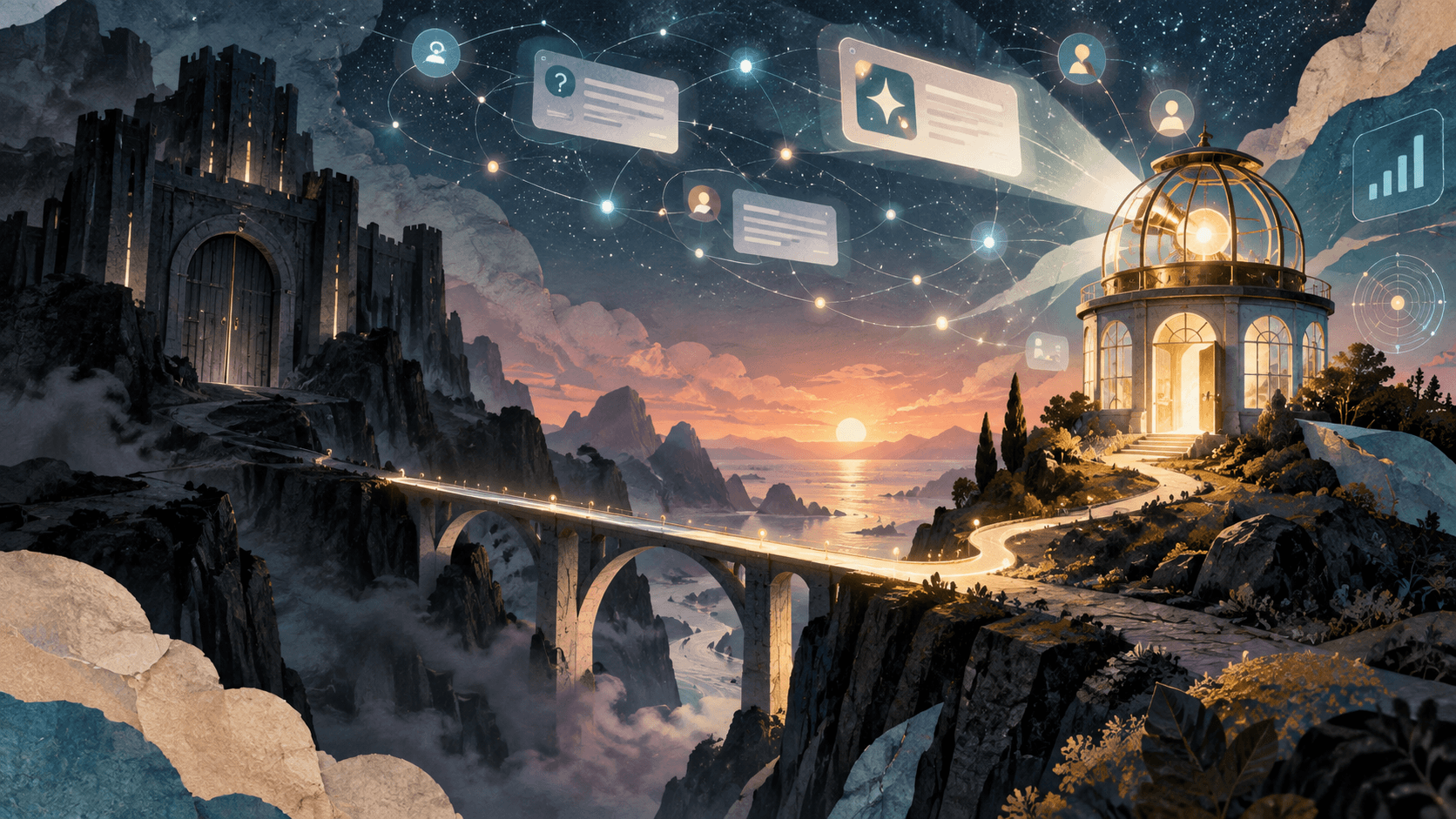 Illustrated bridge linking a dark fortress to a glowing observatory beneath connected AI chat cards and analytics symbols.