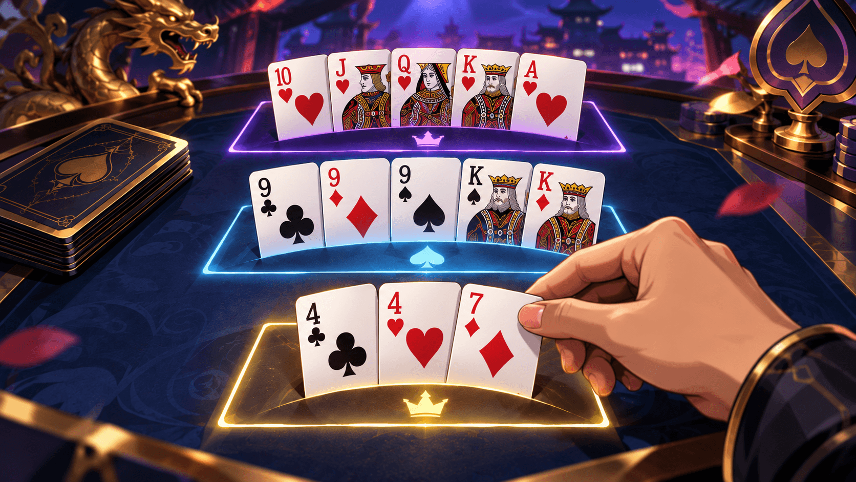Anime style illustration of 13 Pusoy playing cards arranged in three glowing rows, with a hand selecting cards on a neon gaming table.
