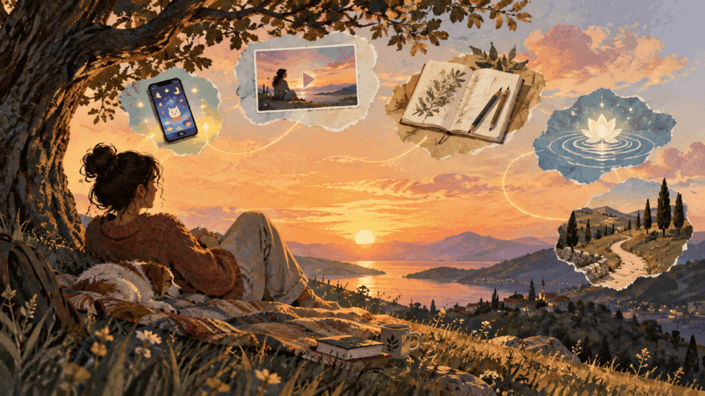 Illustrated woman relaxing under a tree at sunset with visual symbols for mobile games, videos, journaling, meditation, and walking.