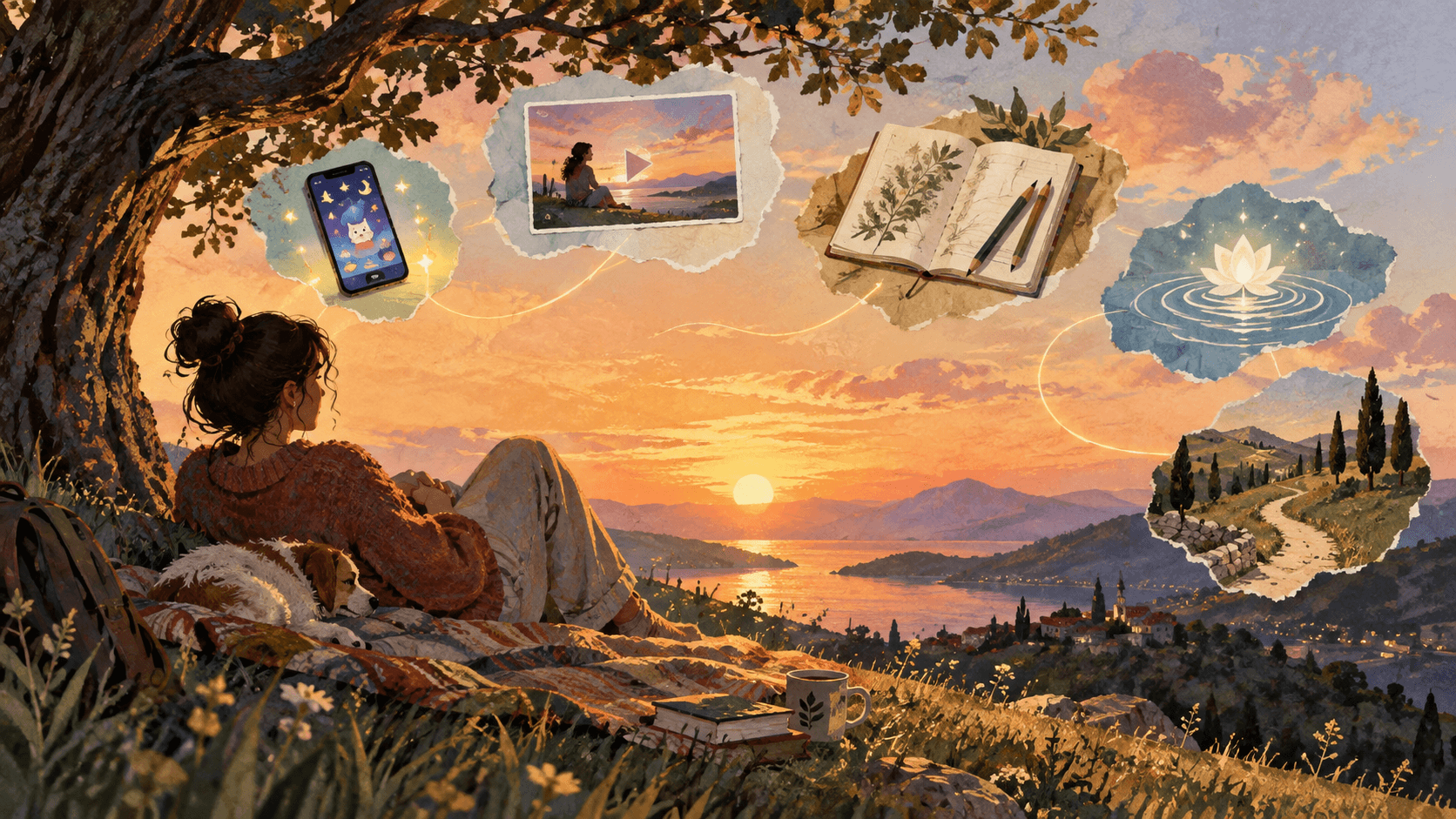 Illustrated woman relaxing under a tree at sunset with visual symbols for mobile games, videos, journaling, meditation, and walking.