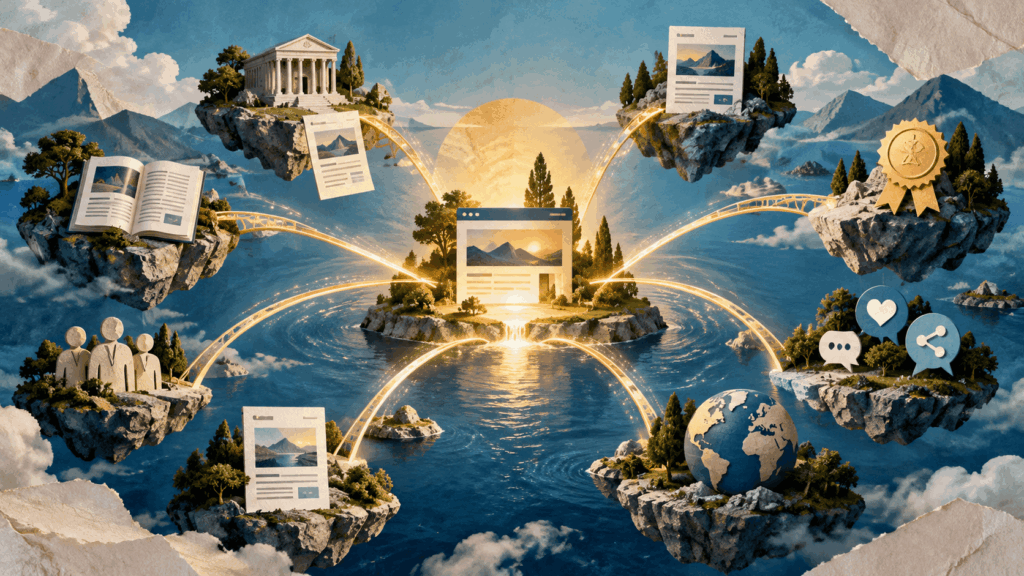 Editorial illustration of a central website connected by glowing bridges to backlinks, social signals, authority sources, and brand mentions.