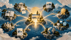 Editorial illustration of a central website connected by glowing bridges to backlinks, social signals, authority sources, and brand mentions.
