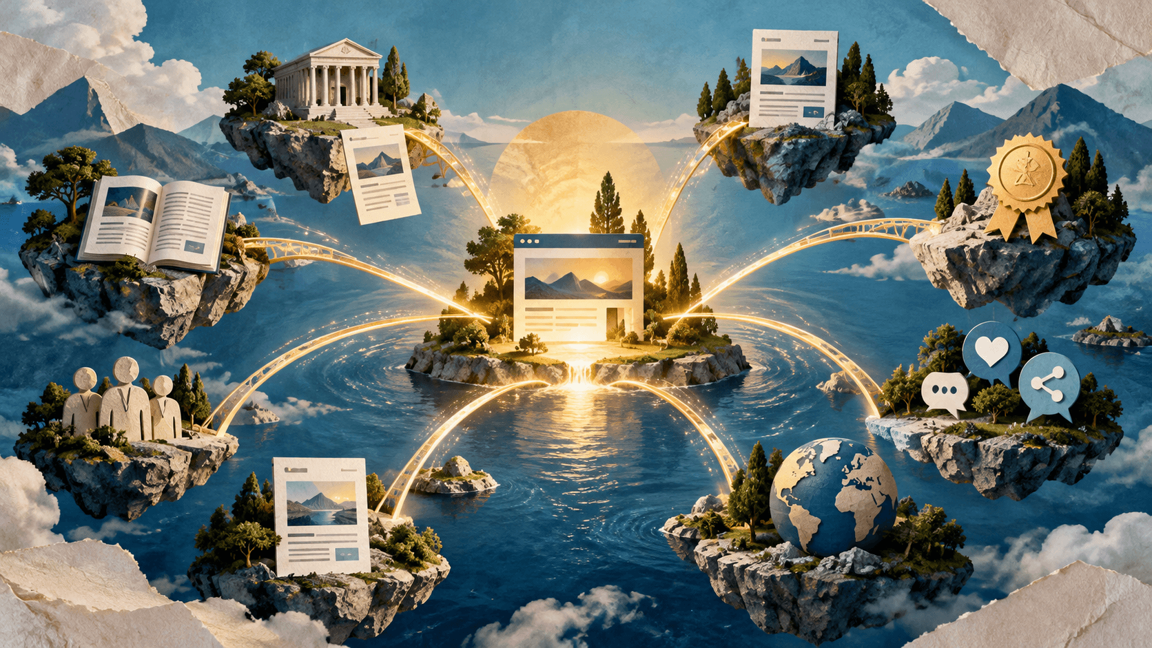 Editorial illustration of a central website connected by glowing bridges to backlinks, social signals, authority sources, and brand mentions.