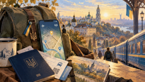 Illustrated Ukraine travel scene with smartphone map, passport, train ticket, backpack and Kyiv skyline at golden hour.