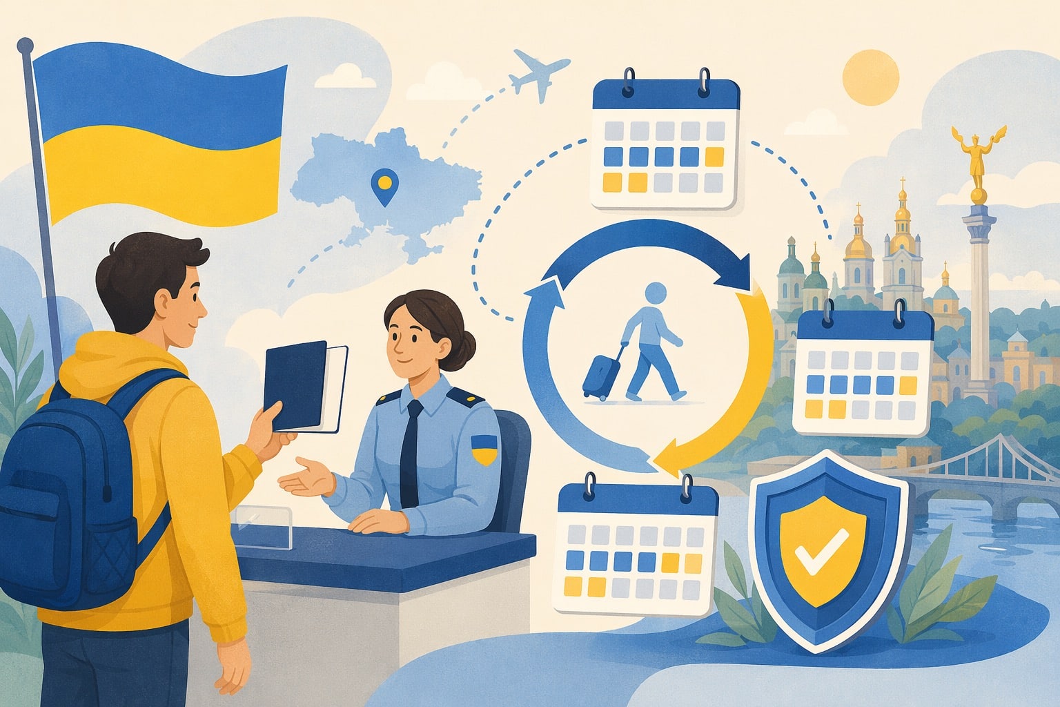 Traveler holding a smartphone displaying digital maps alongside passport and entry documents for Ukraine