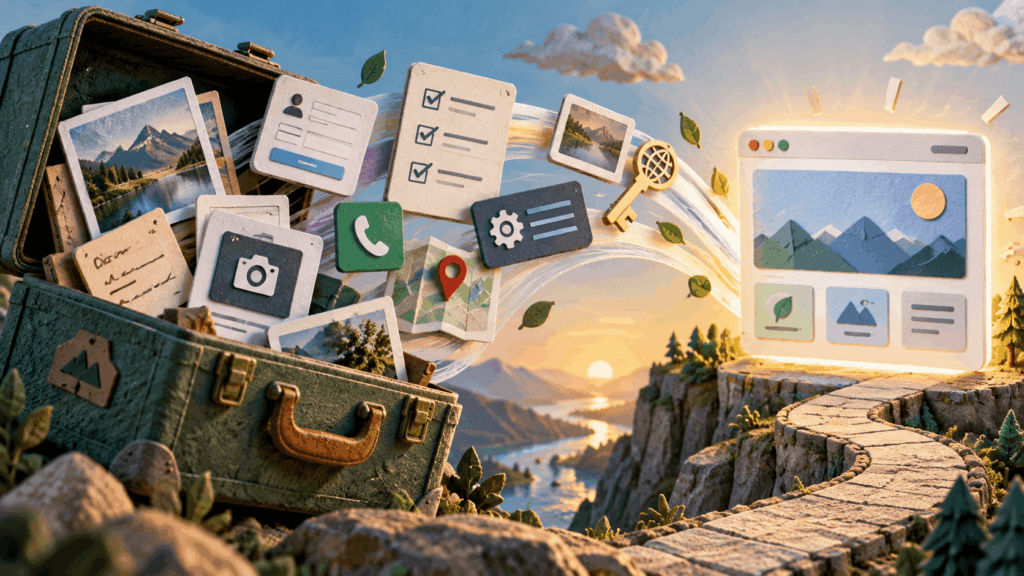 Open suitcase with photos, a checklist and a key flowing toward a website mockup above a mountain landscape.