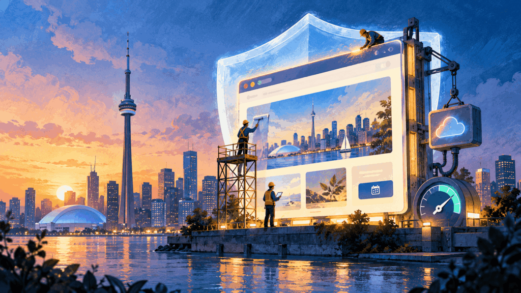 Illustration of a Toronto business website being maintained, with workers updating the site beside the CN Tower, shield protection, cloud backup and performance symbols.