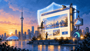 Illustration of a Toronto business website being maintained, with workers updating the site beside the CN Tower, shield protection, cloud backup and performance symbols.