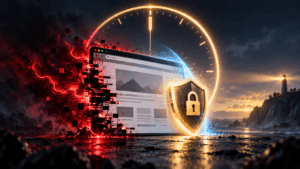 Illustration of a hacked WordPress website under attack, protected by a glowing shield and a one hour response clock.
