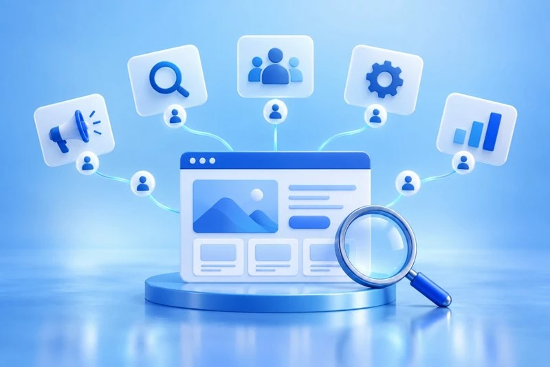 3D illustration showing a browser window connected to user icons, search glass, megaphones, and analytics charts.