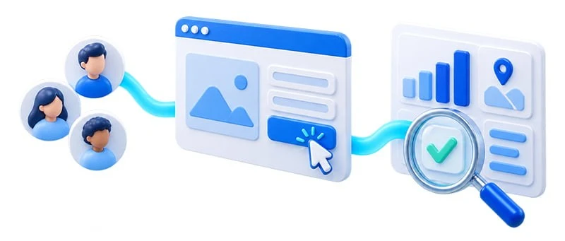 3D illustration showing user avatars directing traffic to a webpage form with a cursor click leading to a verified checkmark analytics dashboard.