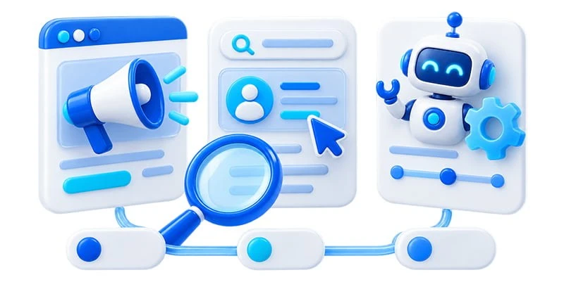 3D graphic illustrating digital marketing channels with a megaphone, user profile card, search glass, and an automated bot.
